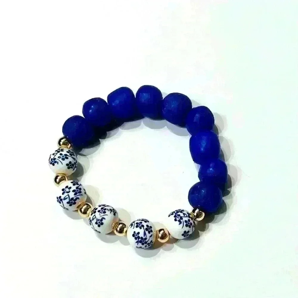 African Sea Glass Bracelet w/ 14k Gold Filled Beads & Decorative Glass Beads